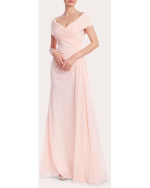 Badgley Mischka Georgette Pleated Wrap Off-Shoulder Gown - Pink