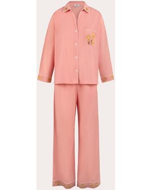 Karma On The Rocks Tokyo Embroidered Floral Cotton Pajama Set - Pink