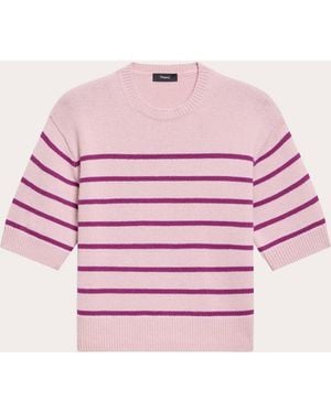 Theory Stripe Cashmere Knit Crewneck T-Shirt - Pink