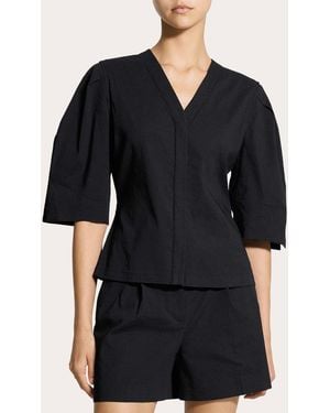 Theory Good Linen Round-Sleeve Button-Up Top - Black