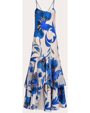 chinese dress ladies Blue Floral V-Neck Ruffle Maxi Dress