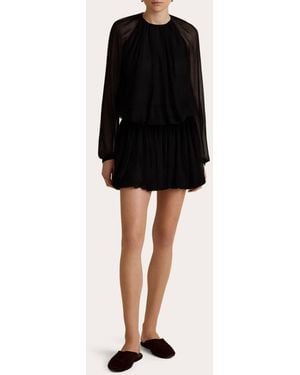 Marina Moscone Silk Chiffon Gathered Long-Sleeve Blouse - Black