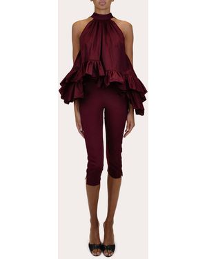Azeeza Plath Poplin Asymmetric Ruffle Halter Top - Red