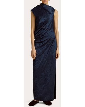 Marina Moscone Satin Jacquard Asymmetric Drape Column Dress - Blue