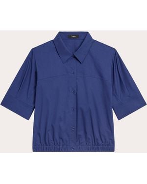 Theory Relaxed Poplin Elasticized Button-Up Top - Blue