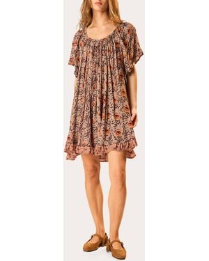 Natalie Martin Marina Floral Gathered Ruffle Mini Dress Rayon - Natural