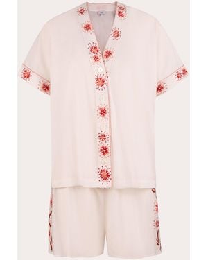 Karma On The Rocks Sumi Embroidered Floral Cotton Pajama Set - Pink