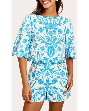 mestiza Charlize Floral Cotton Scalloped Crop Top - Blue