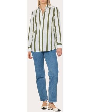 With Nothing Underneath The Boyfriend Stripe Linen Cotton Shirt - Blue