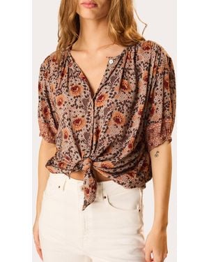 Natalie Martin Floral Gathered Button-Up Top Rayon - Brown