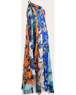 Francesca Miranda Iris Floral Silk Chiffon Asymmetric Paneled Maxi Dress - Blue