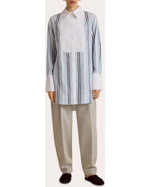 Marina Moscone Pinstripe Jacquard Slim Tuxedo Shirt - Blue