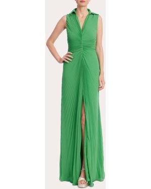 Badgley Mischka Georgette Sunburst Pleated Shirt Gown - Green