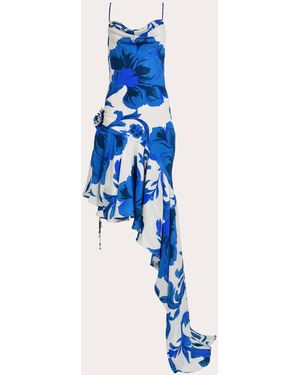 Francesca Miranda Odyssey Embellished Floral Silk Asymmetric Drape Dress - Blue