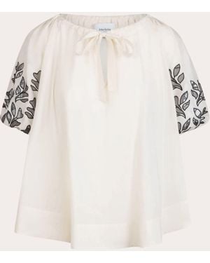 Merlette Lumi Embroidered Voile Tie-Neck Top - Natural