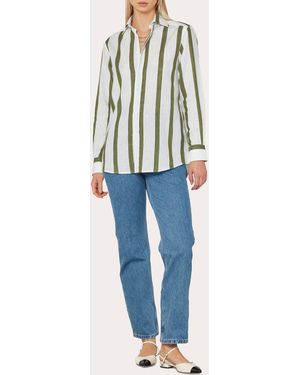 With Nothing Underneath The Boyfriend Stripe Linen Cotton Shirt - Blue