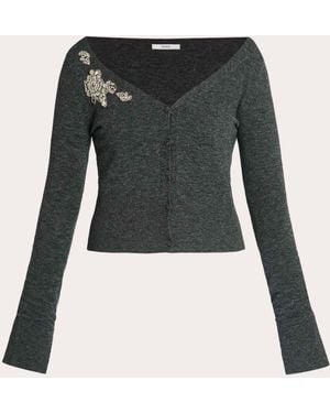 Erdem Cropped Embellished Wool-Blend Cardigan - Black