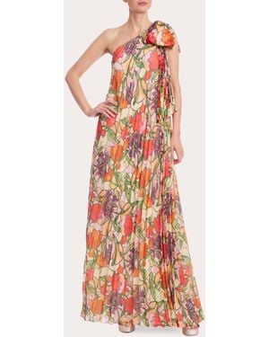 Badgley Mischka Floral Pleated Georgette Asymmetric Caftan Gown - White