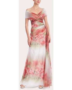 Badgley Mischka Abstract Chiffon Pleated Wrap Off-Shoulder Gown - Pink