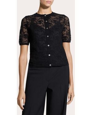 Theory Floral Lace Short-Sleeve Button-Up Top - Black