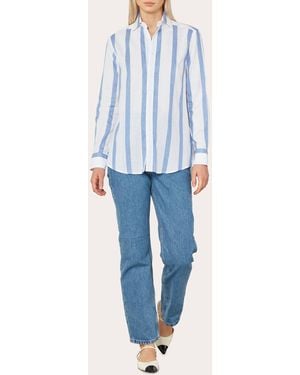 With Nothing Underneath The Boyfriend Stripe Linen Cotton Shirt - Blue