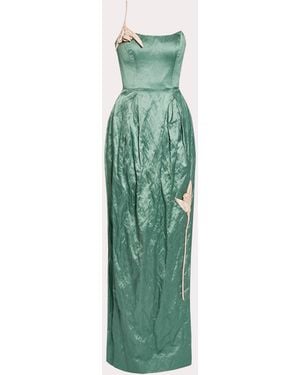 Erdem Floral Appliqué Crushed Satin Bustier Gown - Green