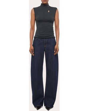 Helmut Lang Wool Sleeveless Button Mock Neck Top - Blue
