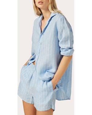 With Nothing Underneath The Boyfriend Stripe Linen Shirt - Blue