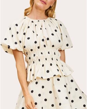 mestiza Breakfast Polka Dot Poplin Shirred Peplum Top - Natural