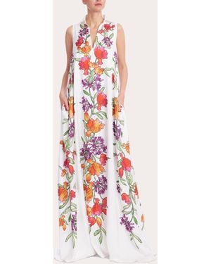Badgley Mischka Floral Beaded Crepe De Chine Collared Trapeze Gown - White