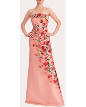 Badgley Mischka Floral Beaded Mikado Strapless A-Line Gown - Pink