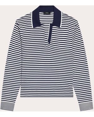 Theory Stripe Wool Boyfriend Polo Top - Blue