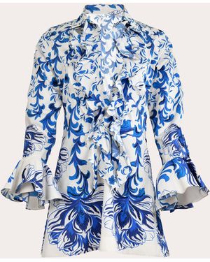 Francesca Miranda Cate Beaded Cotton Ruffle Mini Shirt Dress - Blue