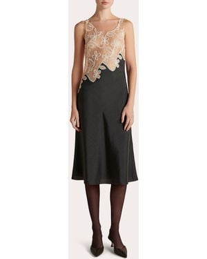 Marina Moscone Pinstripe Lace Bias-Cut Midi Dress - Natural