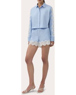 Jonathan Simkhai Renata Stripe Poplin Lace Crop Button-Up Top - Blue