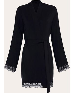 La Perla Belted Lace-Trimmed Satin Robe - Blue