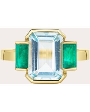 Yi Collection Aquamarine & Emerald Deco Spring Ring - Blue