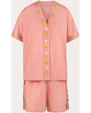 Karma On The Rocks Sumi Embroidered Floral Cotton Pajama Set - Pink