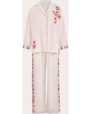 Karma On The Rocks Isa Embroidered Floral Cotton Pajama Set - Pink