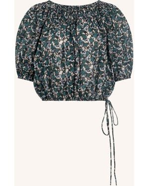 Merlette Lotus Printed Cotton Smocked Crop Top - Blue