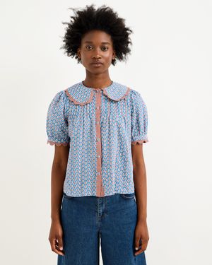 Oliver Bonas & Brown Ditsy Floral Scalloped Collar Cotton Blouse, Size 10 - Blue
