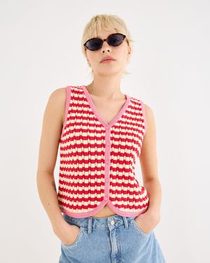 Oliver Bonas Red & Cream Striped V-neck Knitted Waistcoat, Size 12