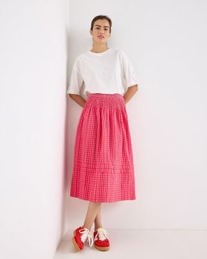 Oliver Bonas Red & Gingham Shirred Waist Midi Skirt, Size 10 - Pink