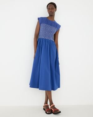 Oliver Bonas Shirred Bodice Sleeveless Midi Dress, Size 12 - Blue
