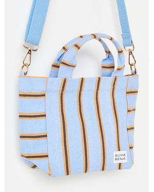 Oliver Bonas & Brown Striped Logo Fabric Mini Tote Crossbody Bag - Blue