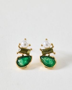 Oliver Bonas Bobby Stone & Faux Pearl Stud Earrings - Green
