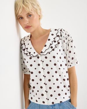 Oliver Bonas White & Brown Polka Dot Frill Collar Blouse, Size 16