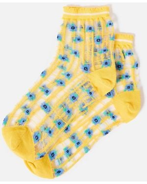 Oliver Bonas & Blue Floral Checked Sheer Ankle Socks - White