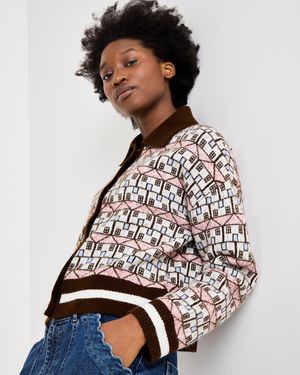Oliver Bonas Chocolate House Print Collared Knitted Cardigan, Size 10 - White