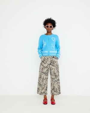 Oliver Bonas Cream & Black Animal Print Cropped Wide Leg Jeans, Size 12 - Blue